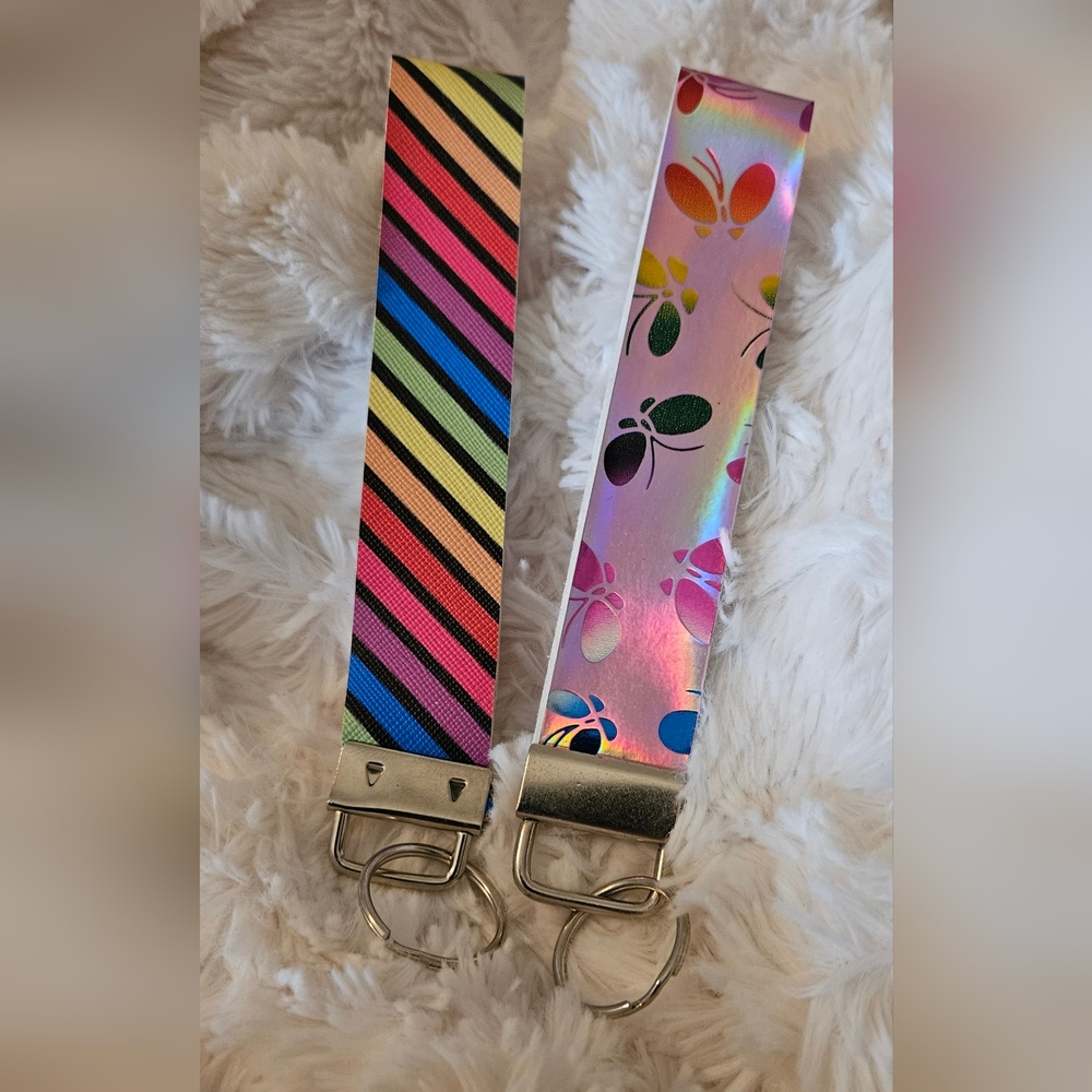 Rainbow Striped and Holographic Butterfly Key Set - Handmade